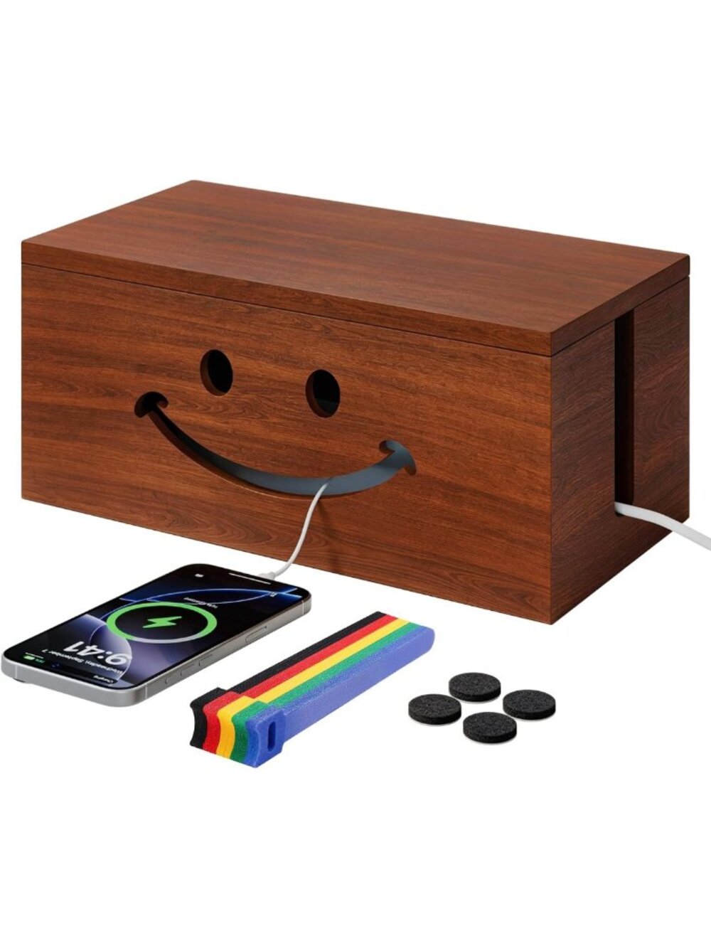 Cute Smile Solid Wood Cable Management Box - Stylish Cord Hider for Desk